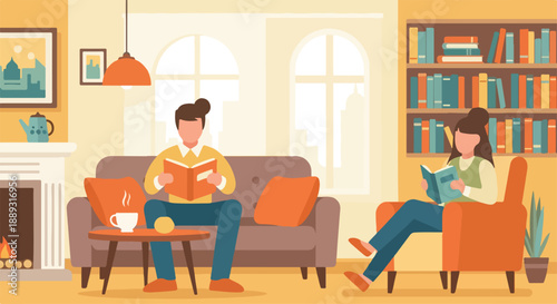 Couple reading books in a cozy living room with a fireplace and bookshelves, warm and inviting atmosphere.