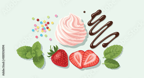 Flat lay illustration of strawberries, whipped cream, chocolate sauce, mint leaves, and sprinkles on a light green background.