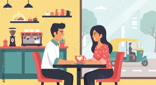 Couple sitting at a small table in a cafe with a coffee cup and a blurred street view outside through the window.