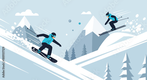 Two snowboarders skiing down a snowy mountain slope with pine trees and snow-capped peaks in a stylized winter landscape.
