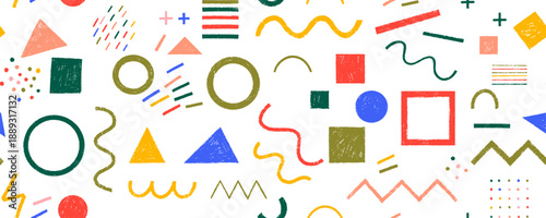 Funky geometric kids seamless background with crayon sketchy naive shapes. Hand drawn pencil colorful scribbles, geometric forms wallpaper. Seamless childish playground pattern.