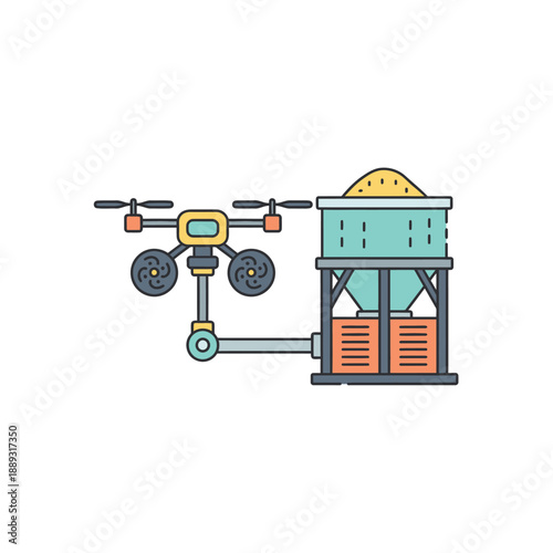Smart Agriculture Drone Technology Icon Connected to Grain Silo for Precision Farming and Automated Data Collection.