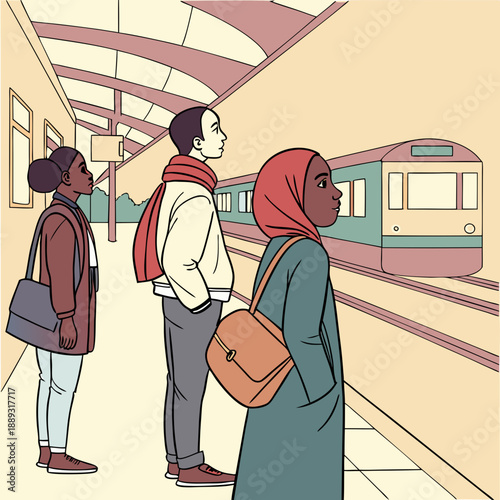 Multiethnic people group standing on railway station mix race men women waiting train on platform public transport stock illustration