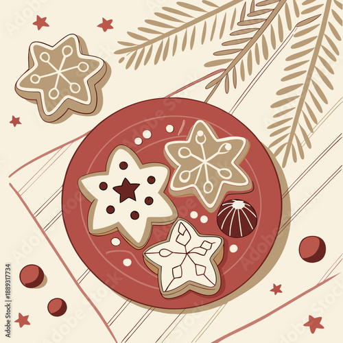 Various shaped gingerbread cookies on the red plate with snowflakes. Dish with Christmas gingerbread cookies standing on the wooden table. Christmas and New Year background. Vector illustration