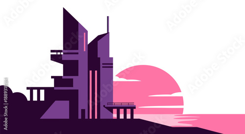 Abstract illustration of a futuristic building with a sunset backdrop