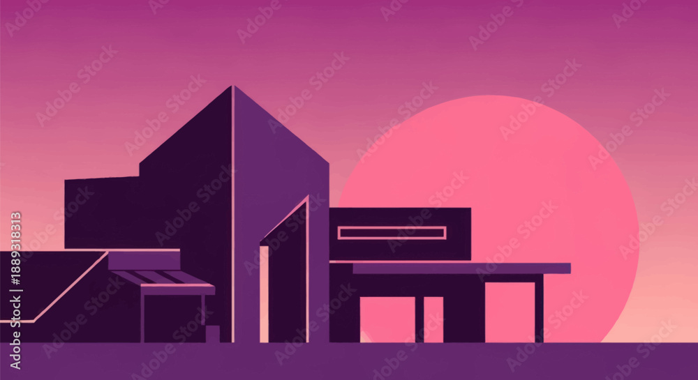 Naklejka premium Abstract illustration of a modern building against a vibrant sunset sky
