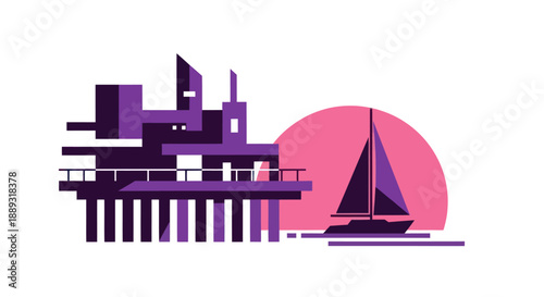 Abstract illustration of a pier with a sailboat against a vibrant sunset