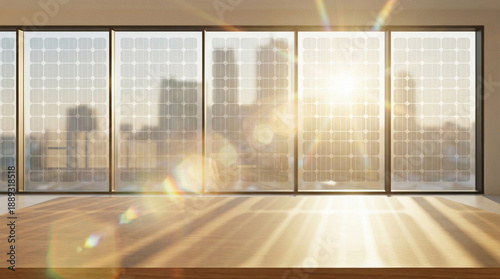 Advanced Green Energy Concepts. Advanced green energy concepts shine through solar panel windows in modern building design