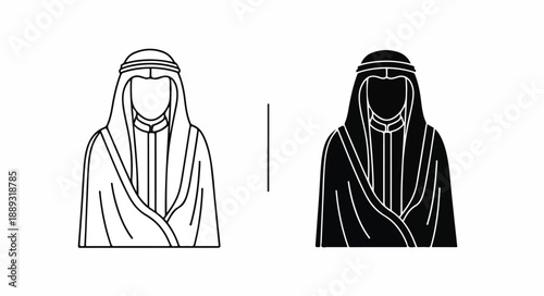 Black and white line art illustrations of two men wearing traditional Middle Eastern robes and headscarves side by side on a plain white background.