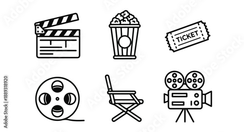 A collection of six black line icons depicting film and cinema related objects on a white background.