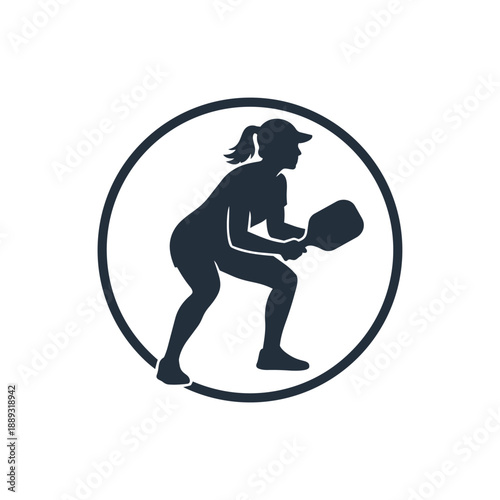 Female Pickleball Player Circular Medallion Vector Athlete Icon