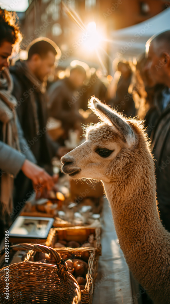 Obraz premium Curious Alpaca at Outdoor Market: Sunny Scene Full of Texture and Life