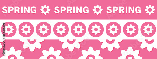 Spring Season Washi Tape Set with Flowers Patterns, pink and white border line, panoramic vector decorative elements