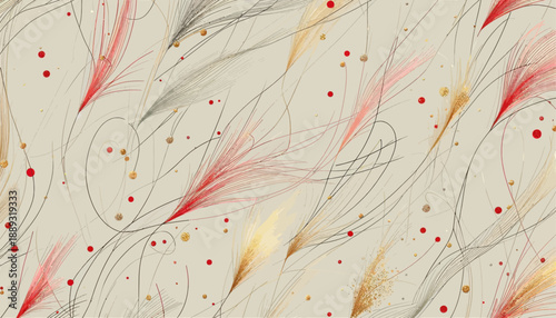 abstract floral pattern with colorful streaks, red grey and gold feather accents and a soft artistic spring nature design suitable for wallpaper or decorative art