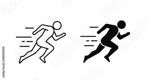 Two minimalist stick figure runners in black and white, speeding to the right on a clean white background with motion lines.
