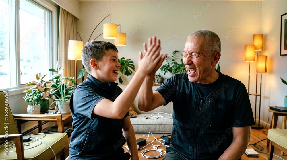 Obraz premium Happy grandfather and grandson high-fiving in living room