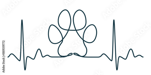 Minimal continuous one line drawing of a paw print framed by heartbeat lines, symbolizing love, care, and emotional connection with pets. Modern abstract line art for vet and pet brands.