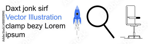 Technology, exploration, furniture design, workplace , search analysis, creative ideas. Blue rocket, magnifying glass office chair line art. Technology and exploration theme