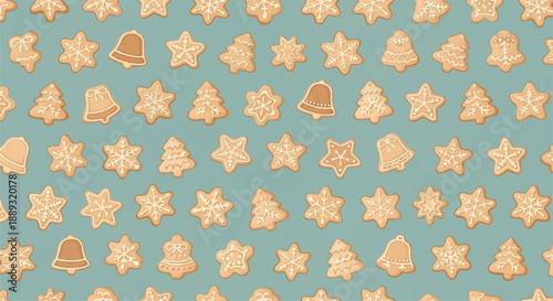 Seamless Pattern of Gingerbread Cookies Stars Trees and Bells on Pastel Blue Background for Christmas Texture