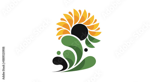 Abstract sunflower illustration with stylized petals and green leaves design