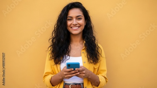 Woman Texting On Phone Smiling Yellow Wall