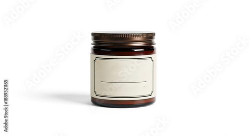 A small amber glass jar with a copper lid on transparent background