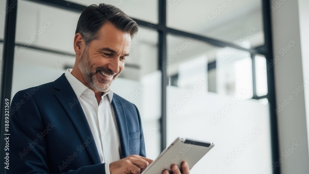 Fototapeta premium Businessman Smiling Using Tablet Computer
