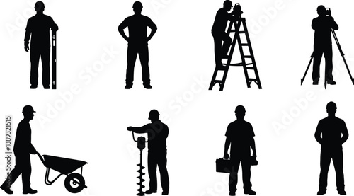 Silhouette construction workers performing diverse tasks with tools and equipment, representing industrial labor, teamwork, safety, and skilled building 