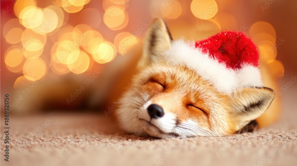 Fototapeta premium Fox wearing Santa hat sleeps on the floor with lights in the background