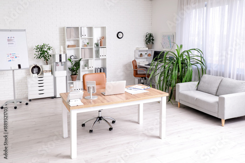 Interior of light office with workplace, armchair, shelving unit and houseplant