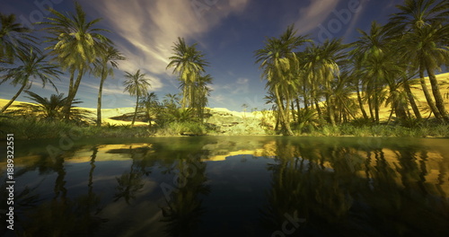 Φωτογραφία Sunlit tropical marsh with reflective water, golden sunset casting warm glow on mangrove palms and glassy lagoon