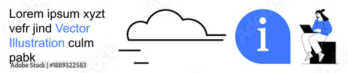 Cloud storage, online learning, digital communication, IT services, data sharing, knowledge base. Clipart shows a cloud, info symbol and a person using a laptop. Cloud storage and online learning
