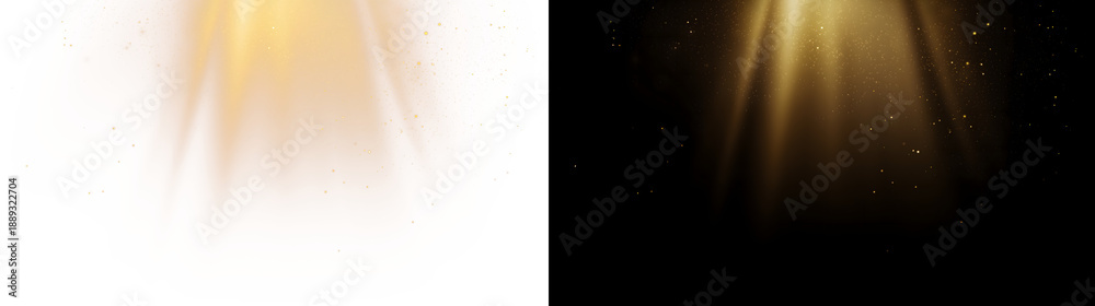 Naklejka premium Soft golden sun rays spotlight with floating dust particles, transparent PNG overlay