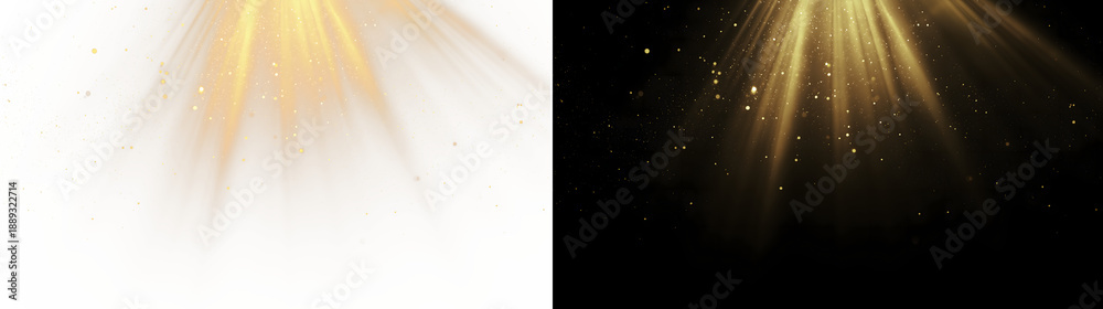 Fototapeta premium Warm golden spotlight rays with glitter dust overlay, transparent PNG