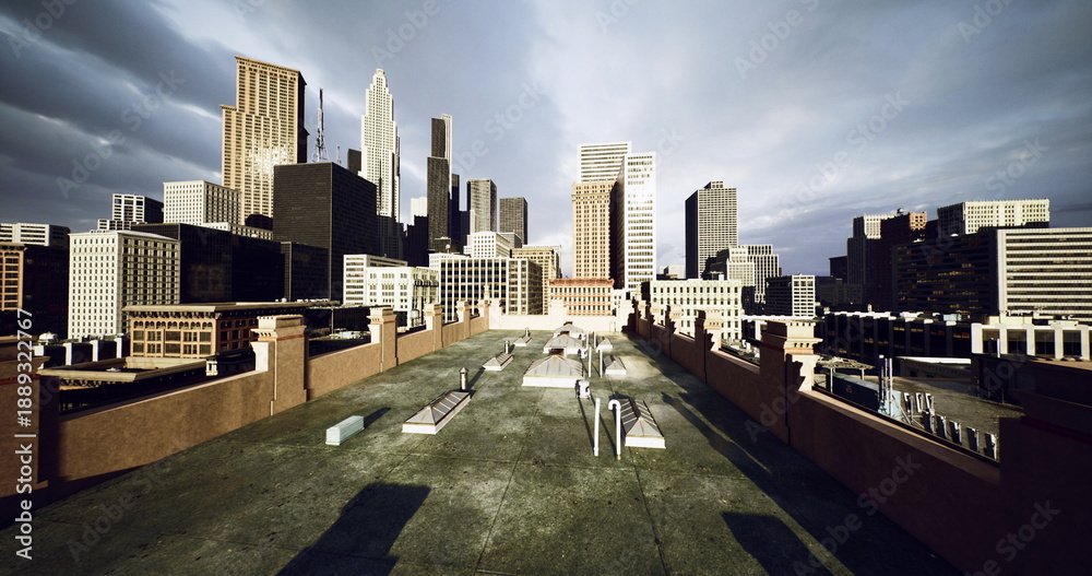 Naklejka premium Rooftop skyline view city bathed in warm sunset light, empty gravel terrace dotted with vents, skylights and antenna, long shadows stretching across concrete,