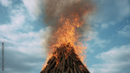 Stock style, hyper realistic, high quality photo, faceless cremation pyre captured from low angle, flames rising upward, smoke blending into sky, powerful yet respectful symbolism,