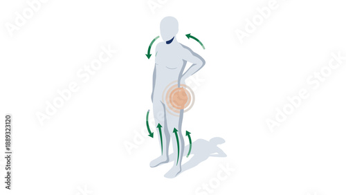 Isometric human figure with hip pain and arrows indicating joint