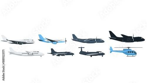 Flat airplane and helicopter set featuring various aircraft designs