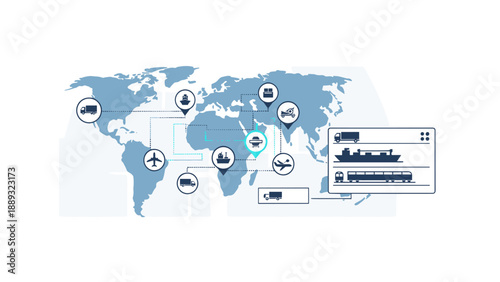 Global logistics network map with transportation icons and worldwide