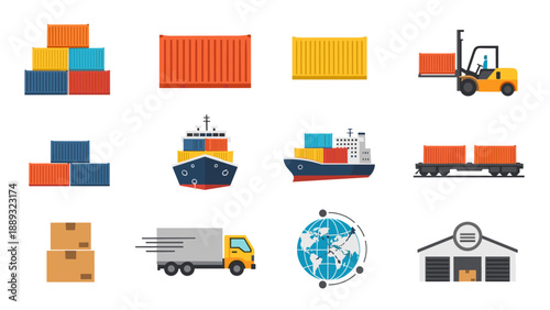 Shipping and logistics icons: containers, cargo ships, trucks, and
