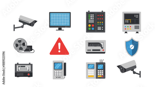 Flat surveillance and security equipment icons for modern technology