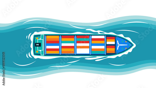 Colorful cargo ship sailing in ocean waves, top view flat design