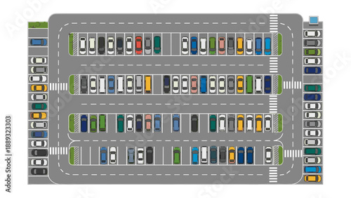 Aerial view of parking lot with colorful cars in rows