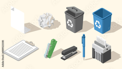 Isometric office supplies featuring recycling bins and shredder on