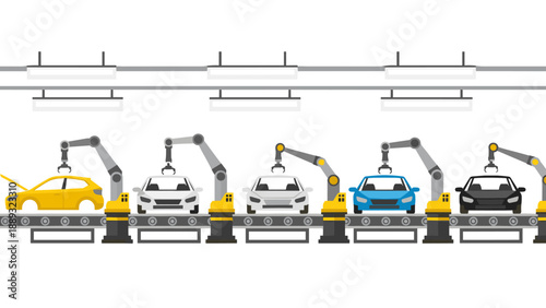Automated car production line with robotic arms in factory setting