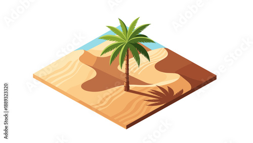 Isometric desert scene with palm tree and sand dunes: minimalist