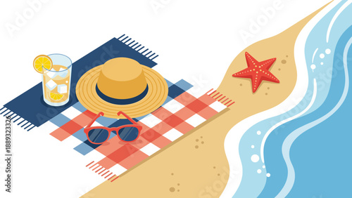 Beach essentials on sandy shore with ocean waves, hat, sunglasses, and