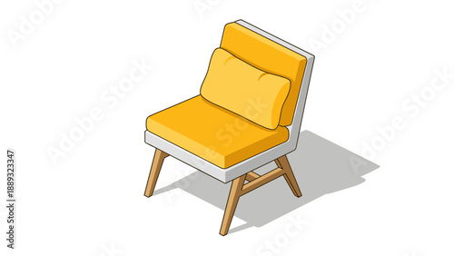 Modern isometric yellow chair with cushion on wooden legs