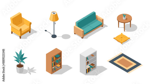 Isometric furniture collection with sofa, chair, and bookshelves for