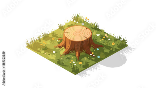 Isometric tree stump in wildflower meadow with sunlit grass